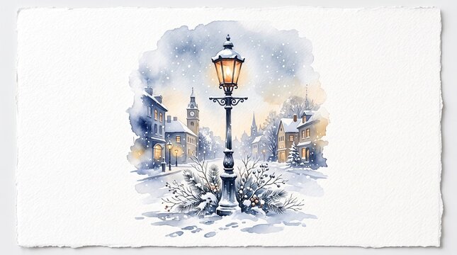 A glowing street lamp in a snowy town, perfect for Christmas cards, holiday invitations, and winter banners.