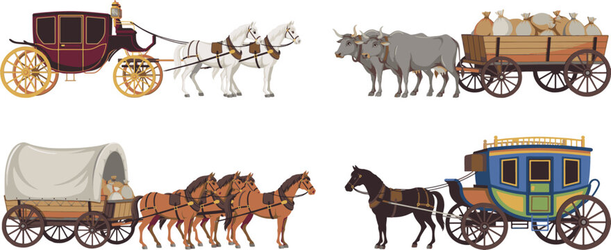 Set of vintage horse-drawn carriages and ox-pulled carts illustration with covered wagon old fashioned carriage transportation historical stagecoach
