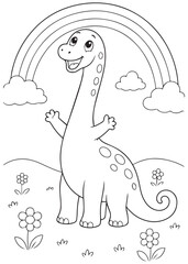 Coloring page book Cute Brachiosaurus Waving Under Rainbow with Excited Expression Dinosaur Coloring Page for Kids © eli1993