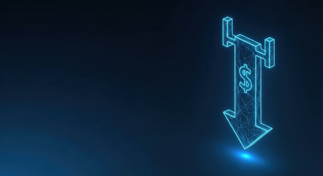 Neon blue dollar sign arrow pointing down on dark digital background, representing financial decline.