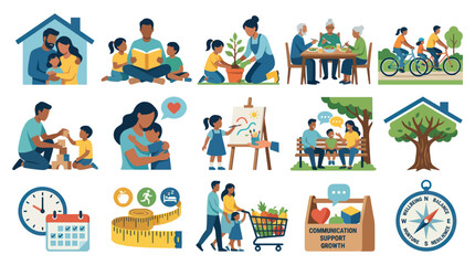 Naklejka premium Flat Design Vector Illustrations: Family Life, Health, Well-being, Community, and Growth Icons Set