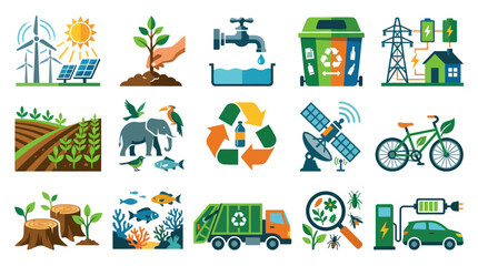 Fototapeta premium Flat Style Icons for Ecology, Environment, Renewable Energy, and Sustainability