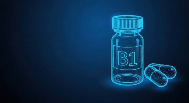 Glowing Wireframe Bottle of Vitamin B1 Supplement on Digital Dark Background