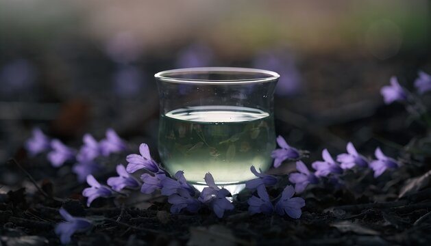 A small glass of pale green skullcap tea delicate purple skullcap flowers scattered around the base faint soft glow around the petals as if lit from within dusky twilight palette