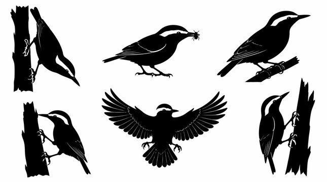 Red-breasted Nuthatch Silhouette Set in Various Poses