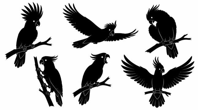 Black Cockatoo Silhouettes in Various Poses, Nature Wildlife Vector
