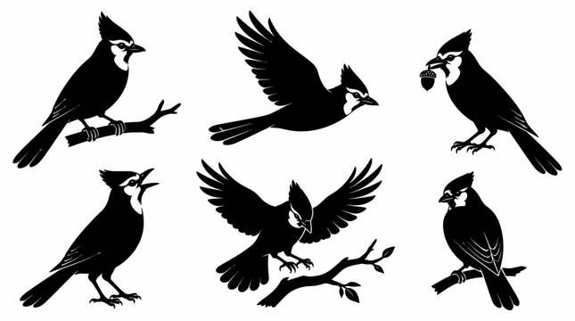 Blue Jay Bird Silhouettes Set, Various Poses and Actions