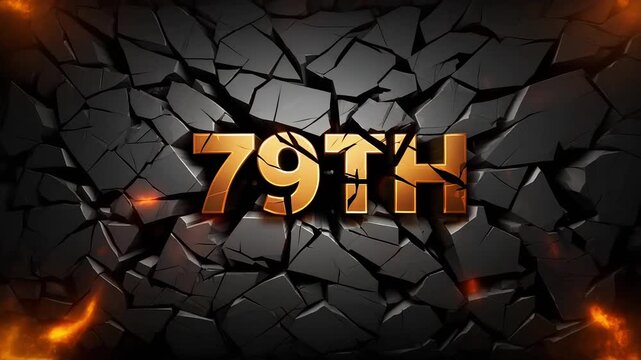  A cinematic stone text 79th animation featuring fire lights the cracks word with rocks background