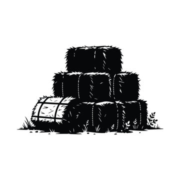 Hay bales vector illustration, black and white hand drawn graphic of agriculture haystacks.