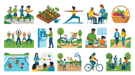 Fototapeta premium Flat Vector Illustration: Healthy Lifestyle and Community Wellness Activities for Diverse People.