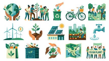 Fototapeta premium Environmental Protection and Sustainability Flat Vector Illustration Set. Eco-Friendly, Green Energy Clean Planet Concepts