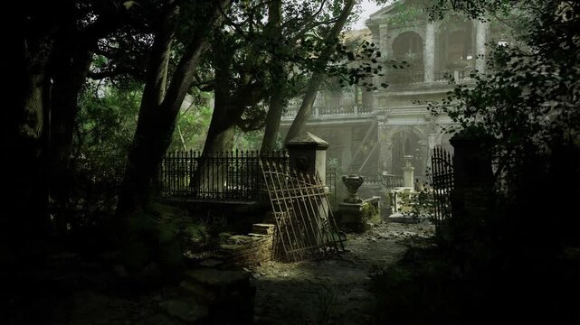 Sunlit gated courtyard framed by tall trees, ornate iron gate opens to mossy fountain, scattered urns and dappled light, gardener imagining restoration plans,