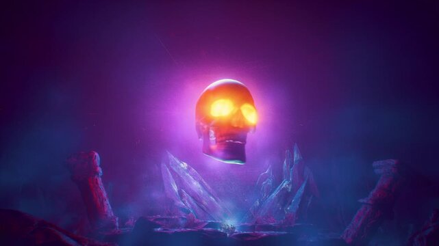 Eerie Levitating Skull With Bright Orange Glow In Mystical Purple Cave Background