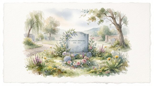 A peaceful headstone surrounded by flowers in a graveyard, ideal for memorial cards, condolence messages, and obituary notices.