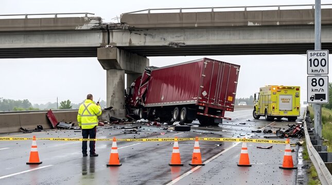 Semi-truck accident under damaged overpass with emergency vehicles present crash semi-trailer