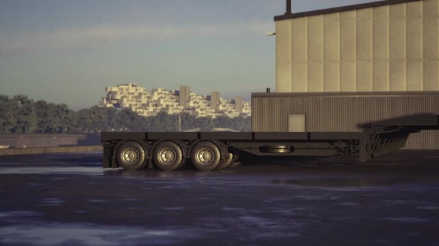 Closeup trailer wheel on tarmac, triple axle rims and tires in sharp focus, textured rubber and metal hub, logistic detail for heavy load transport