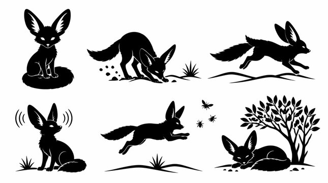 Fennec fox silhouette collection, desert animal poses, vector art