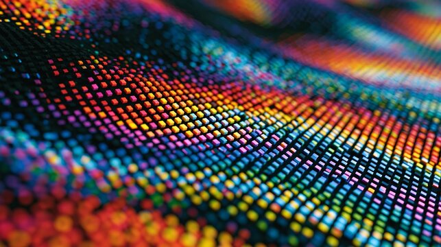 Abstract digital wave pattern composed of vibrant, shifting multicolored pixelated dots