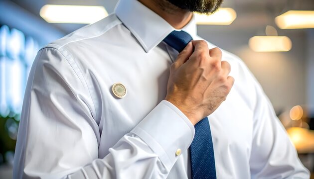 Man in a crisp white dress shirt adjusts his navy blue tie, accessorized with a discreet circular lapel pin
