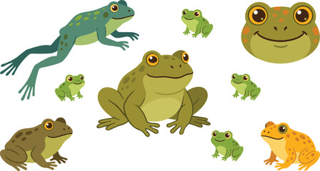Naklejka premium Cute Frog Collection Vector Illustration Set with Cartoon Tree Frogs, Toads, Amphibians, and Wildlife Characters Isolated on White Background