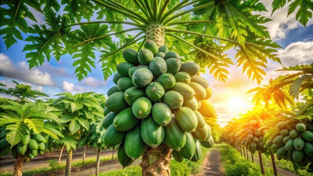 A cluster of ripened papayas hangs like emerald spheres from a verdant papaya tree amidst a sunkissed rural farm