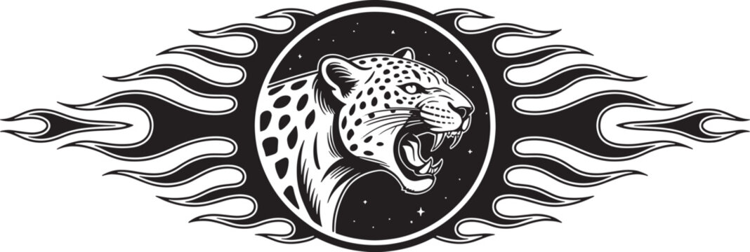 Black and white of a roaring leopard head inside a circular frame surrounded by stylized flames on a white background