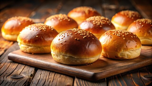 Softly golden light illuminates perfectly toasted closeup of hamburger brioche buns on a rustic wooden dinner table