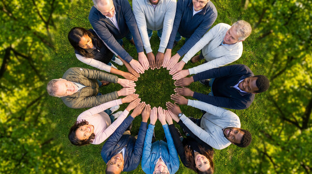Top view of diverse people standing in a circle on green grass