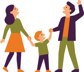 Obraz premium Happy young family of three holding hands and looking upward.