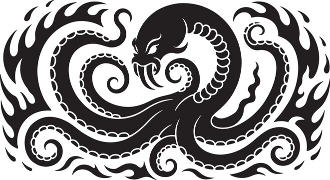 Mythical octopus creature with tentacles and flame patterns, black and white isolated on a white background