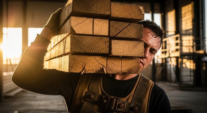 Rugged Man Carries Stack Of Lumber On His Shoulder In Industrial Setting