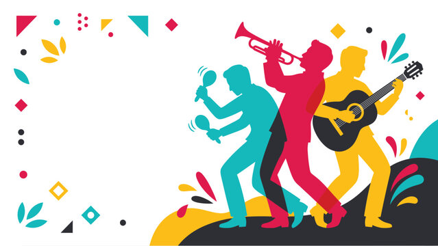 Colorful abstract silhouettes of a three-piece jazz band performing on stage.