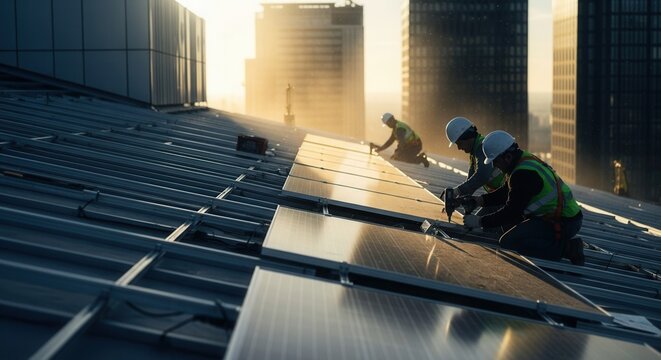 Rooftop Solar Panel Installation by Workers Against City Skyline