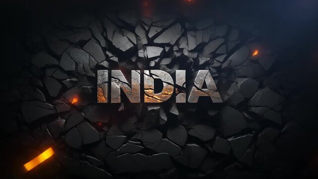 A cinematic stone text India animation featuring fire lights the cracks word with rocks background