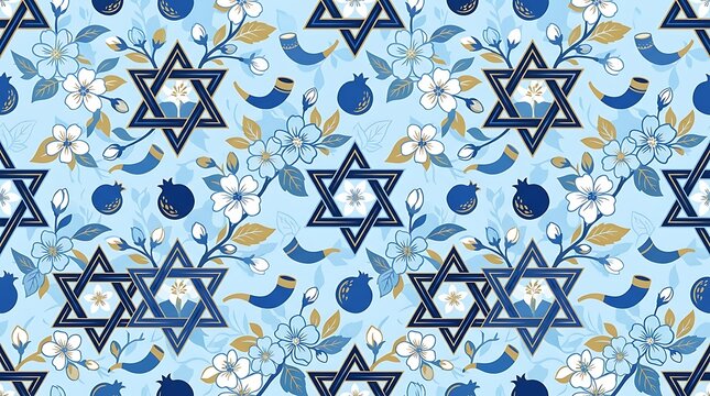 Seamless pattern with star of david shofars and pomegranates on blue