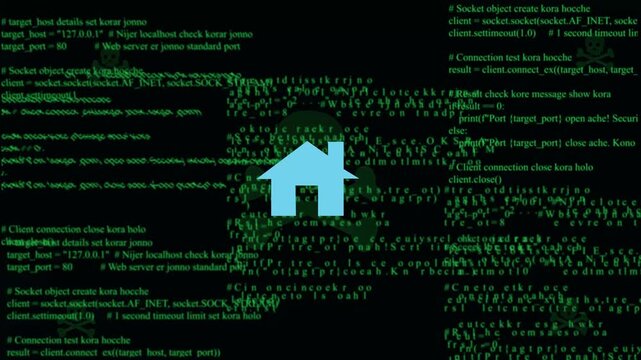 Cyber security threat alert featuring a digital house surrounded by malicious hacking code and skull symbols representing network vulnerabilities, data breaches, and online privacy protection