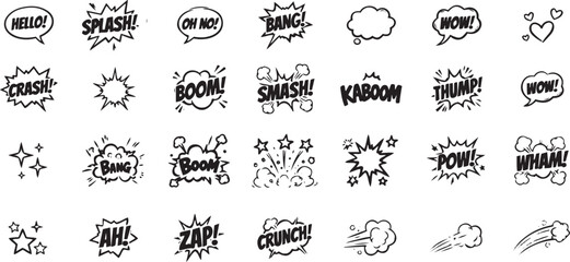 Comic book style speech bubbles and explosion effects on a white background © Bilkis