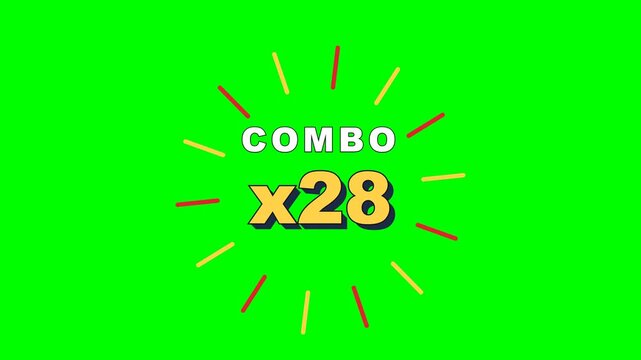 4K green screen COMBO arcade game HUD - an arcade combo counter with a multiplier and impact lines, retro gaming motion graphics overlay for streamers and gamers, chroma key