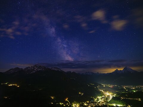 Milky Way over the valley basin of Berchtesgaden, behind Hoher G&ouml;ll, Steinernes Meer and Watzmann, Berchtesgadener Land, Upper Bavaria, Bavaria, Germany