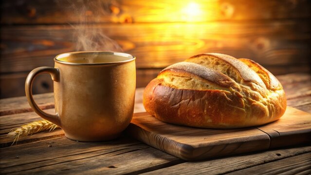 A tan coffee mug and golden bread loaf sit serenely together on a rustic wood tabletop bathed in warm morning light