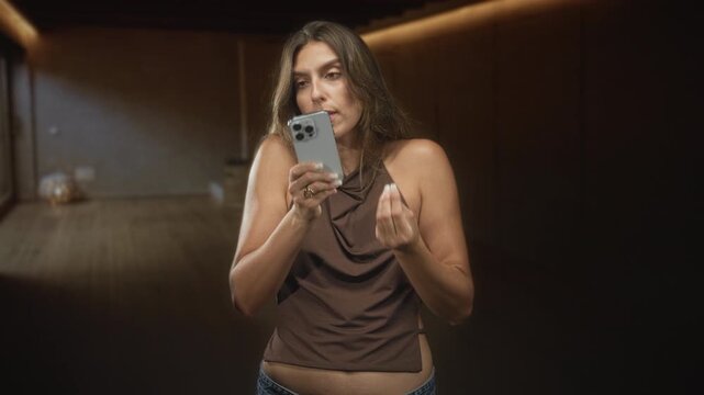 Woman holding smartphone and gesturing with open hand while speaking in studio, wearing brown halter top; frustration.