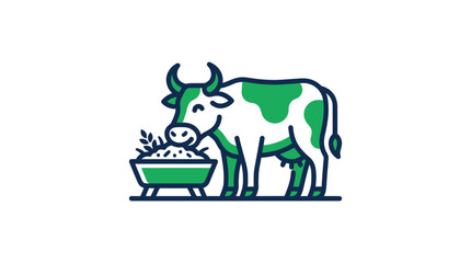 Green cow eating from bowl.