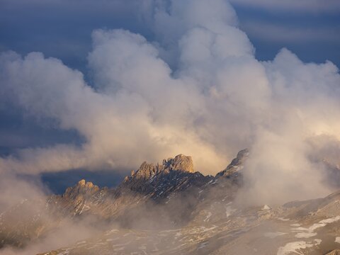 Rose garden group in clouds at evening light, Schlern, Dolomites, South Tyrol, Italy