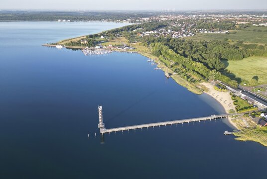 Default26 metre high gauge tower, Bitterfeld, Saxony-Anhalt, recreation, holiday, sailing, swimming, restaurant town harbour, lakeside terrace, boats, sailing ship, former open-cast lignite mine, holidaymakers, tourism, 200 metre long pier, recreation and nature reserve, water sports and tourism, aerial view, Germany from above