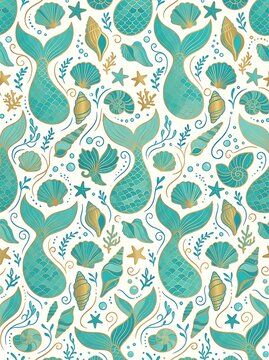 Teal mermaid tails and gold seashells seamless marine pattern