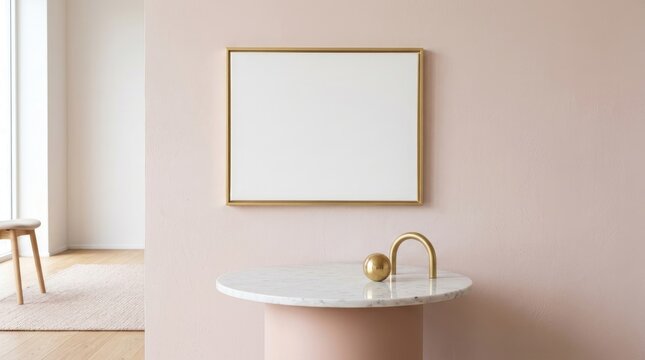 A gold rectangular frame hanging on a light pink wall above a white marble round table with a gold metal arch sculpture and a small ball