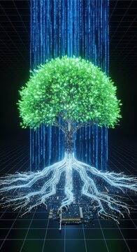 Radiant green digital tree grows from glowing circuit roots inside a futuristic network with blue code streams falling against a dark grid, digital tree, ecosystem, branches