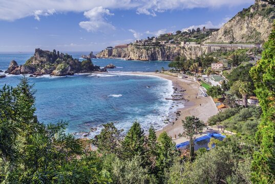 Coastal landscape with beach and Isola Bella in spring, Taormina, east coast, Sicily, Italy