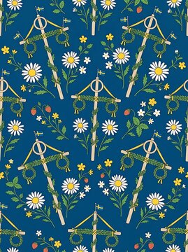 Midsummer celebration pattern with maypoles and summer flowers
