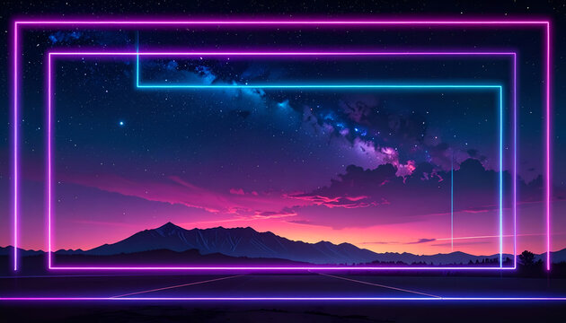 Neon-framed landscape at dusk, featuring a starry sky, mountains, and a road